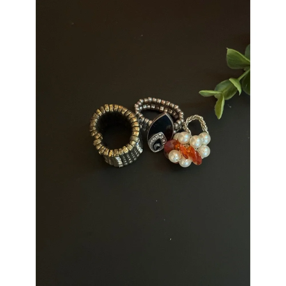 Set of 3 Women's Stretch Rings Faux Pearl Rhinestone Brass Silver Color
